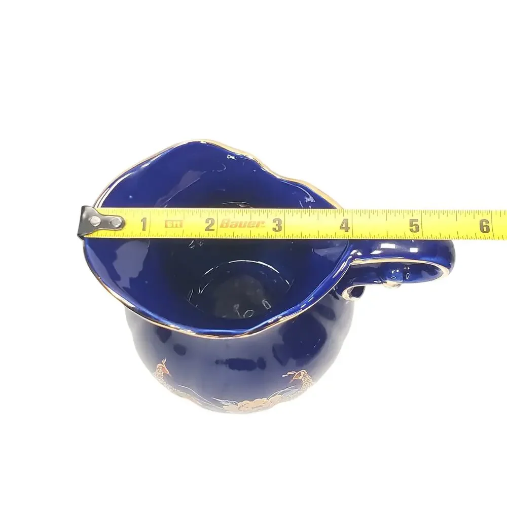 Vtg Cobalt Blue Pheasants & Gold Peony Pitcher & Basin Decorative Birds